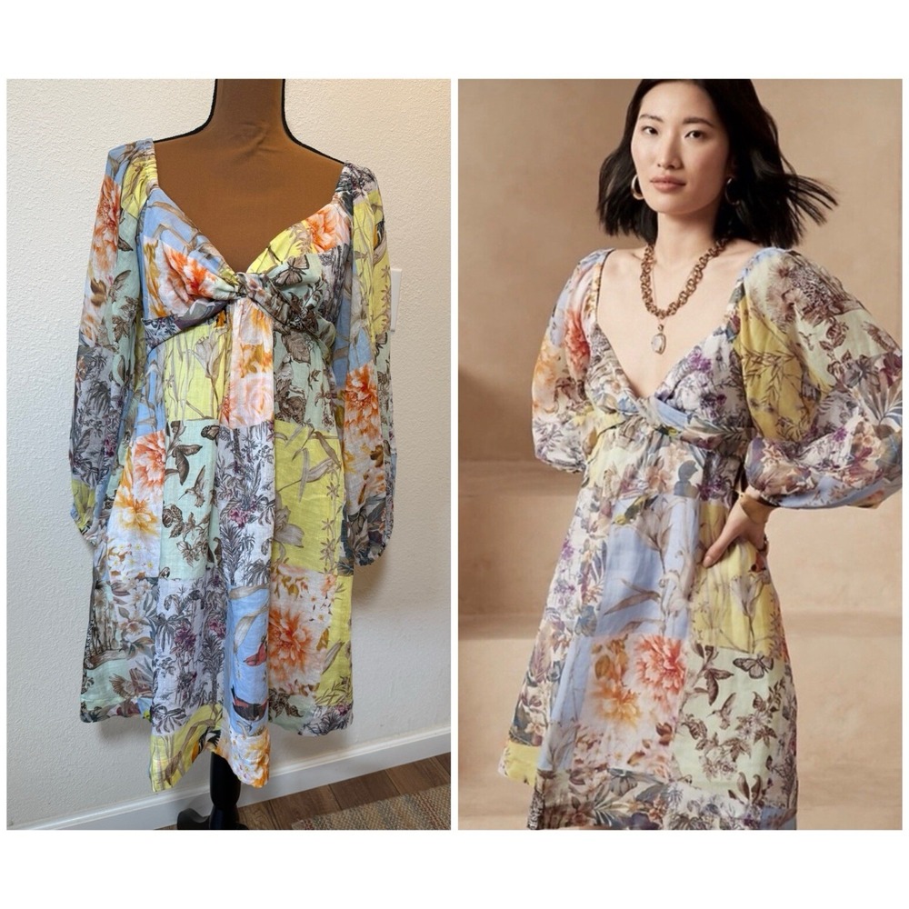 Banana Republic Ramie Twist Front Mini Dress Balloon Sleeves Floral Sz M